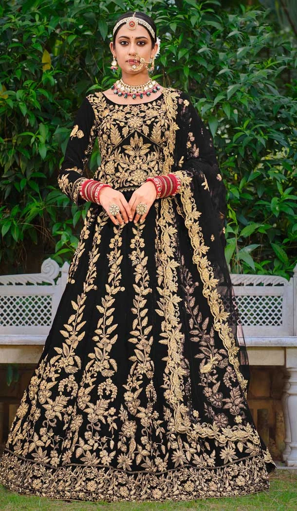 Black Color Embroidery Heavy Velvet Bridal Wear Women Lehenga -6535170397