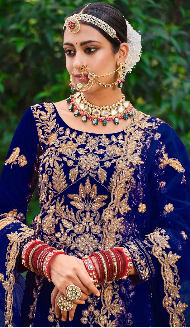 Royal Blue Color Embroidery Heavy Velvet Bridal Wear Women Lehenga -6535170398