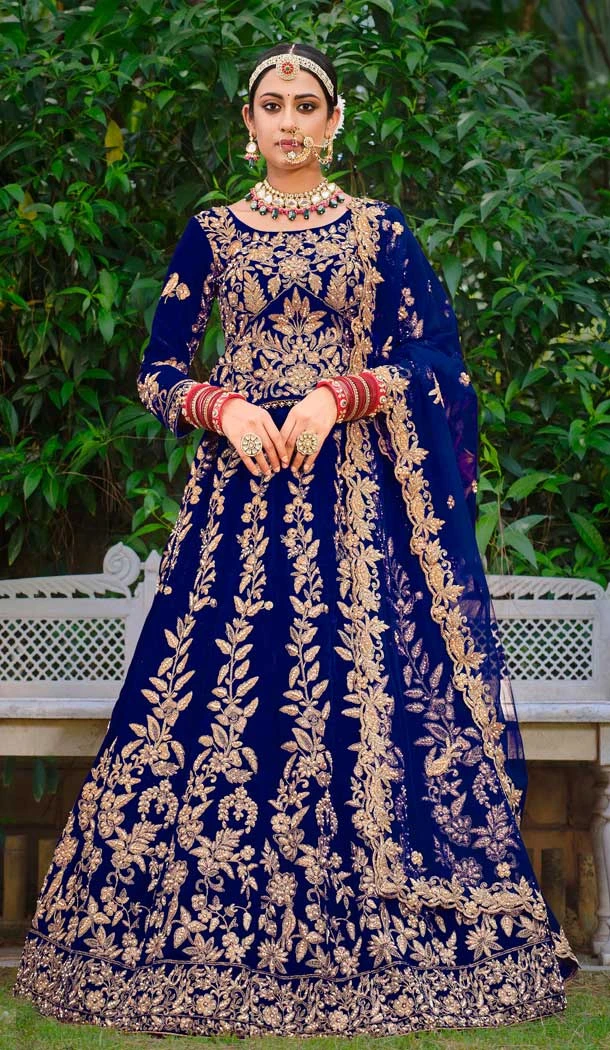 Royal Blue Color Embroidery Heavy Velvet Bridal Wear Women Lehenga -6535170398