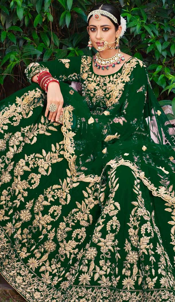Embroidery Heavy Velvet Bridal Wear Women Lehenga Green Color -6535170399