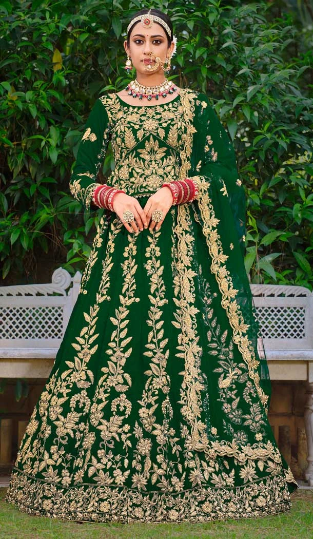 Embroidery Heavy Velvet Bridal Wear Women Lehenga Green Color -6535170399