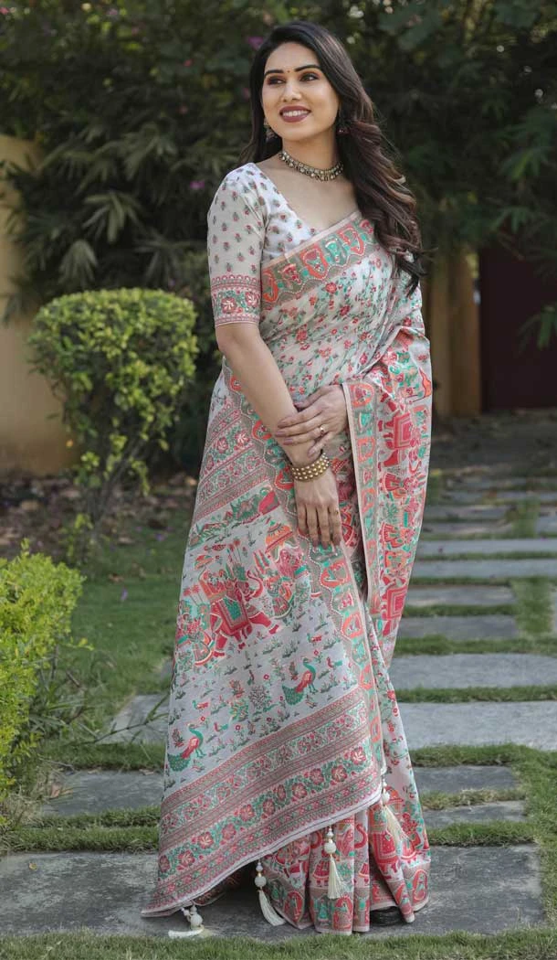Pashmina Soft Cotton Jacquard Designer Patola Saree in Off White -6543170436