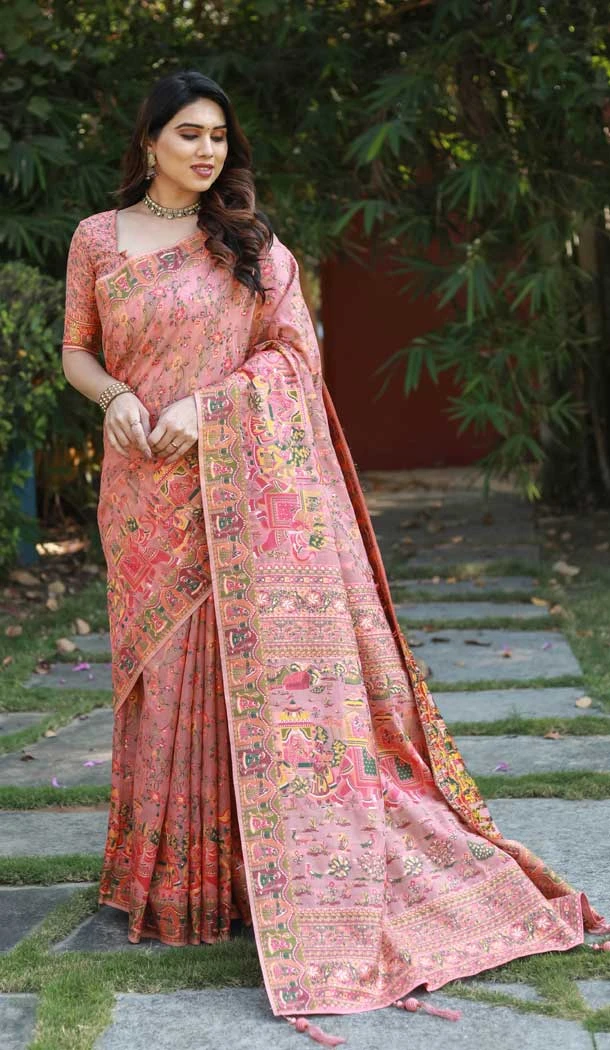 Pashmina Soft Cotton Jacquard Designer Patola Saree in Peach -6543170438