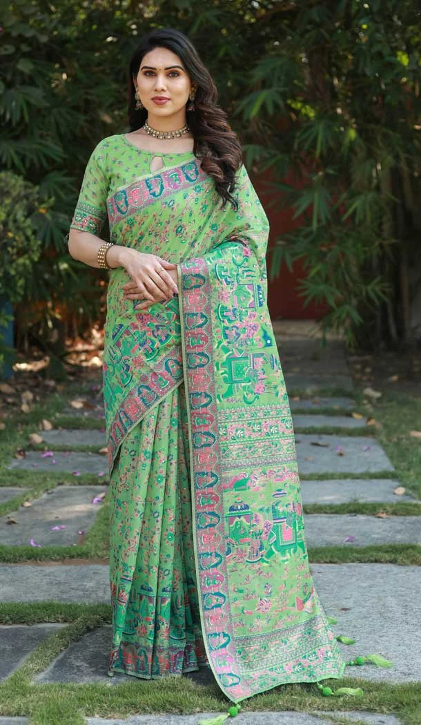 Pashmina Soft Cotton Jacquard Designer Patola Saree in Green -6543170439