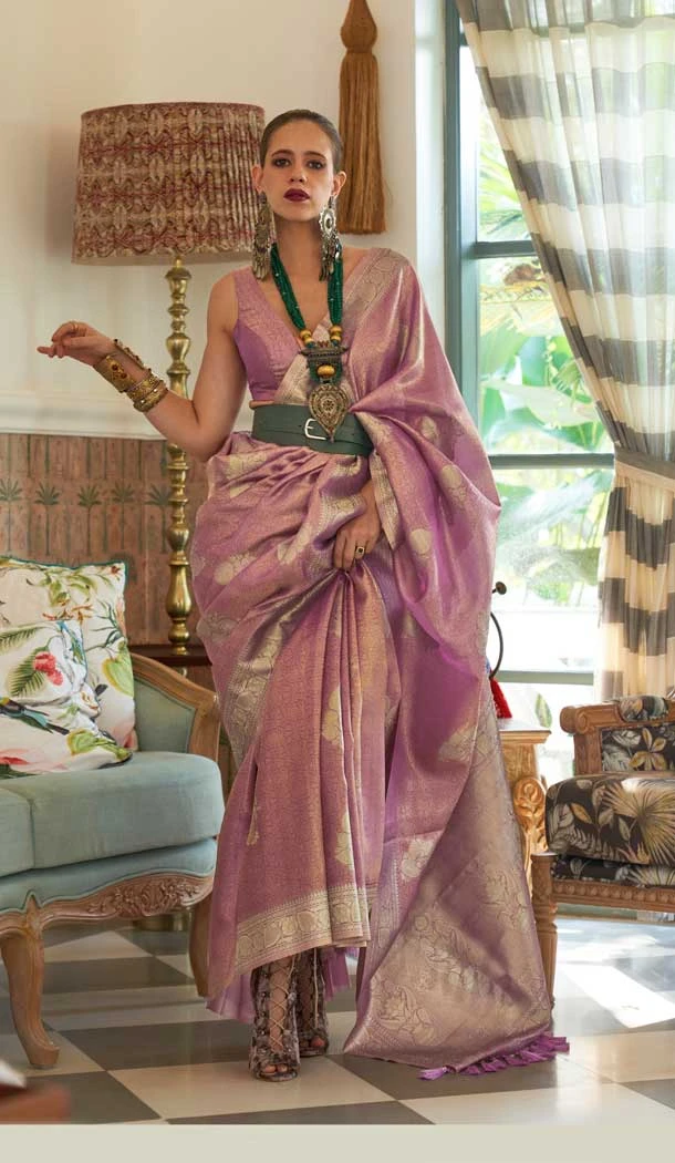 Onion Pink Color Satin Tissue Nylon Weaving Work Designer Party Wear Saree -6490169992