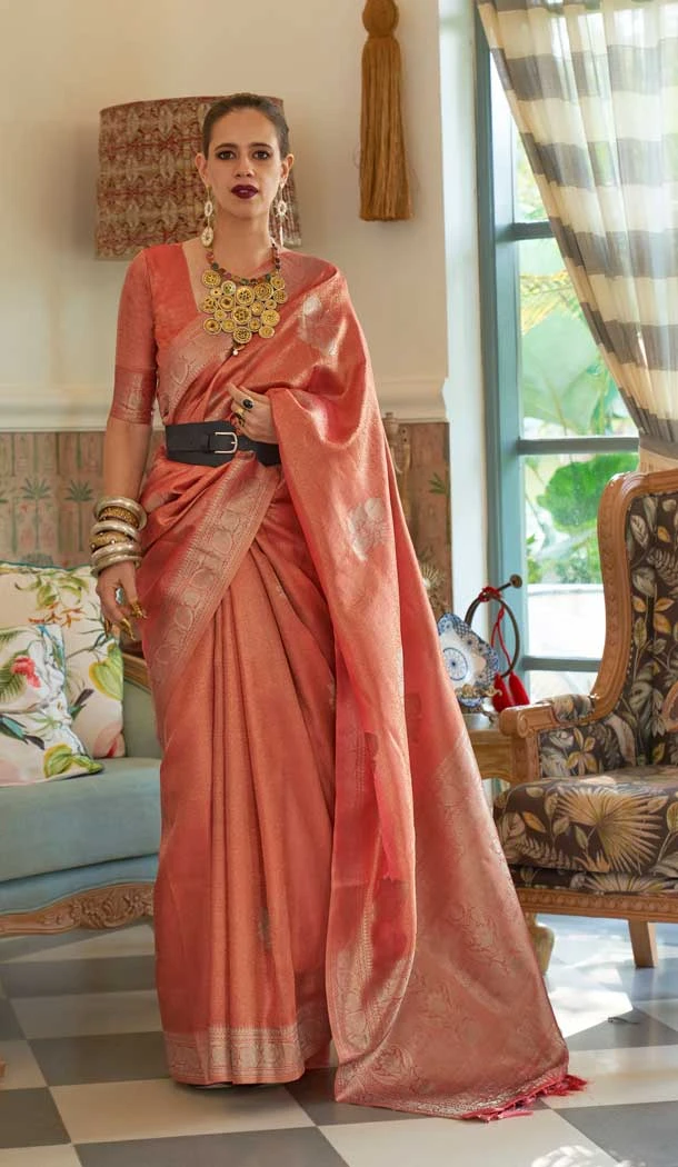 Orange & Red Color Satin Tissue Nylon Weaving Work Designer Party Wear Saree -6490169994