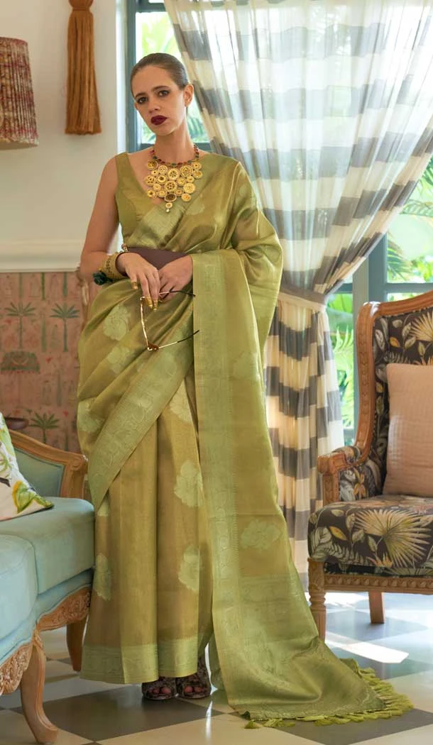 Green Color Satin Tissue Nylon Weaving Work Designer Party Wear Saree -6490169995