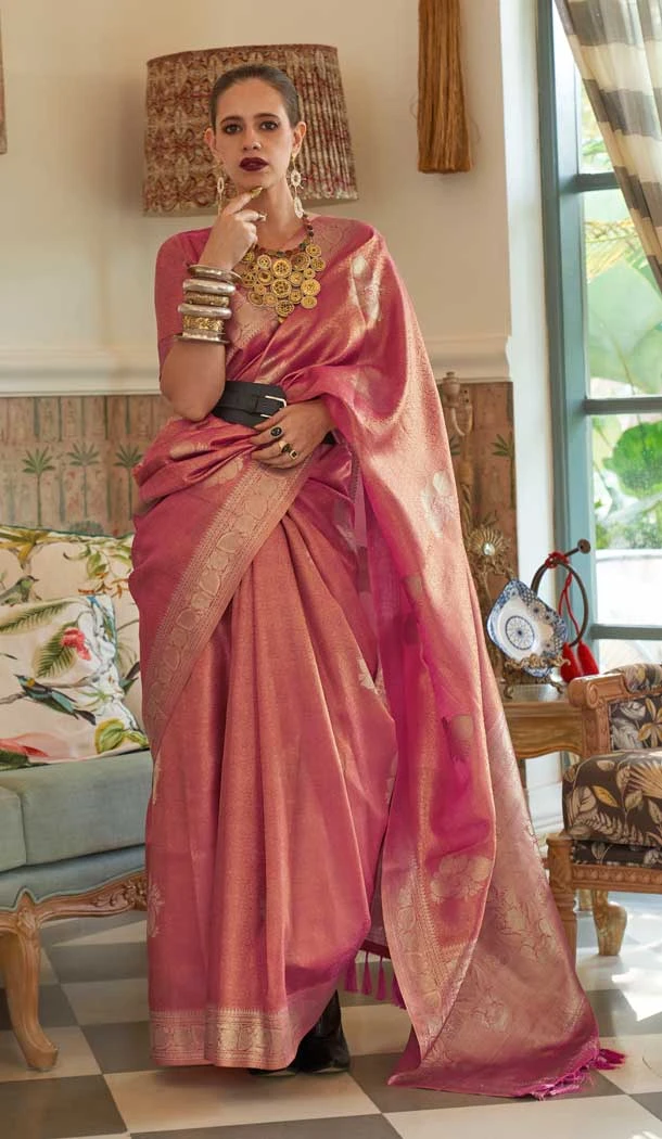 Pink Color Satin Tissue Nylon Weaving Work Designer Party Wear Saree -6490169997