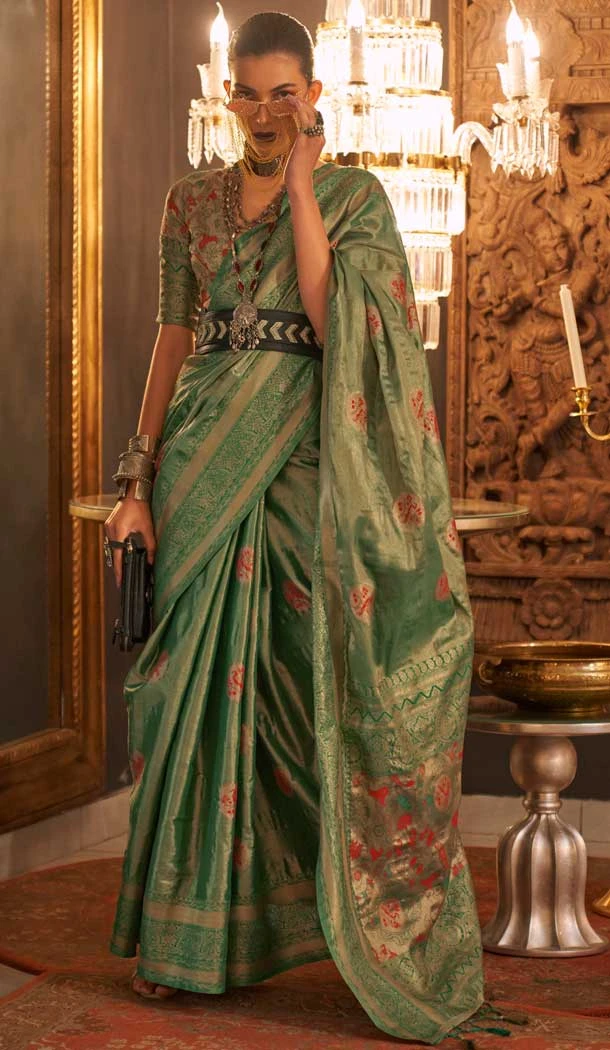 Handloom Weaving Silk Jacquard Work Green Color Saree -6549170482
