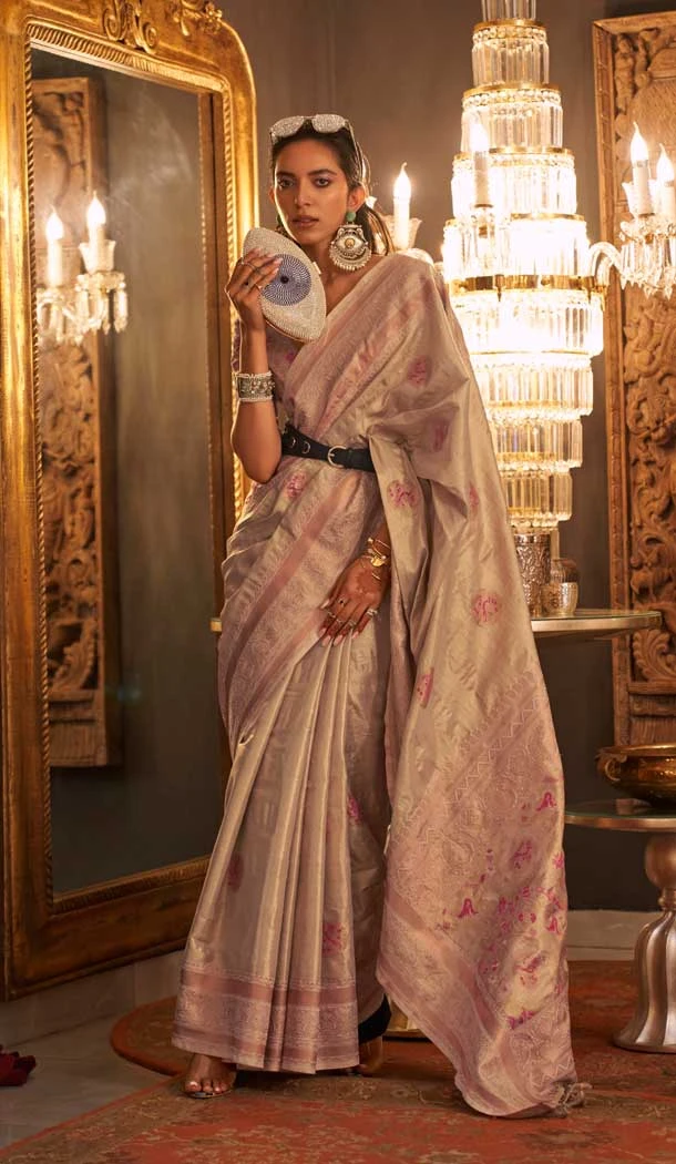 Handloom Weaving Silk Jacquard Work Peach Color Party Wear Saree -6549170483