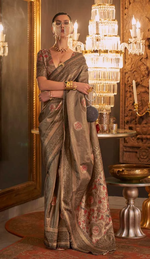 Handloom Weaving Silk Jacquard Work Khaki Color Party Wear Saree -6549170484
