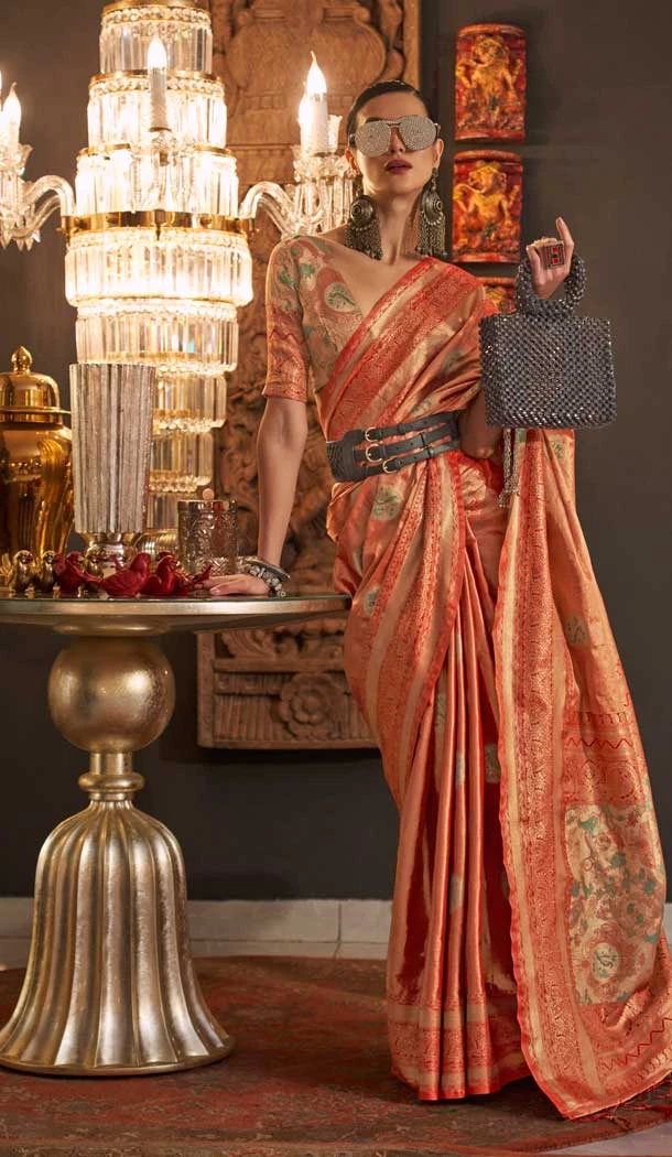 Handloom Weaving Silk Jacquard Work Orange Color Party Wear Saree -6549170486