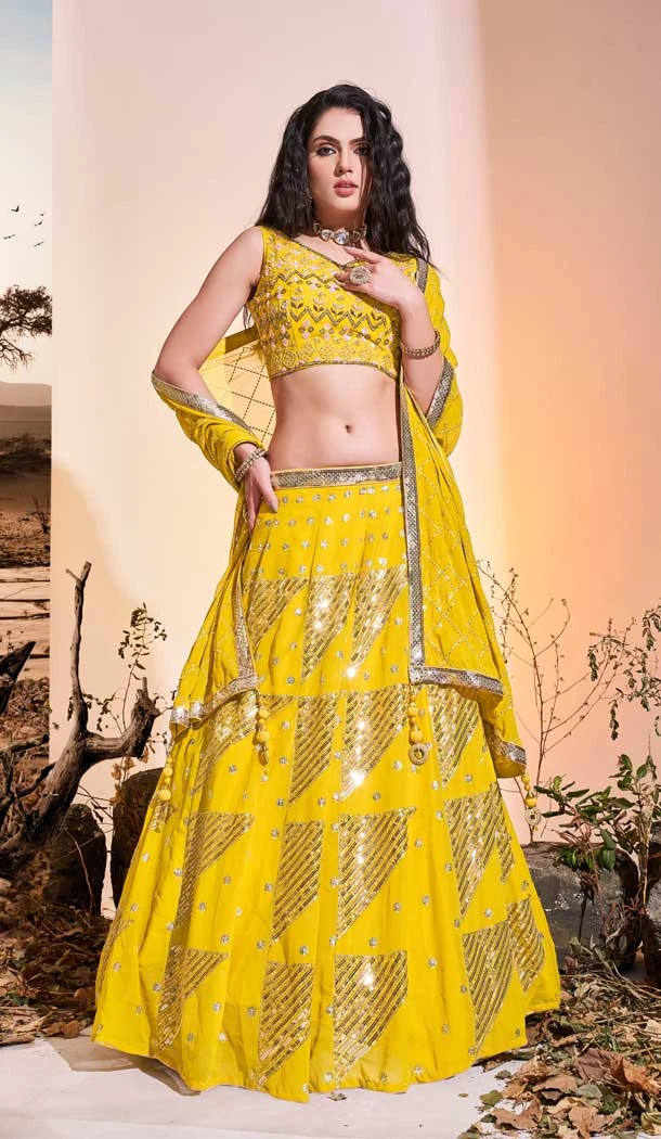 Georgette Hand Work Designer Wedding Wear Readymade Lehenga Choli in Yellow -6565170592