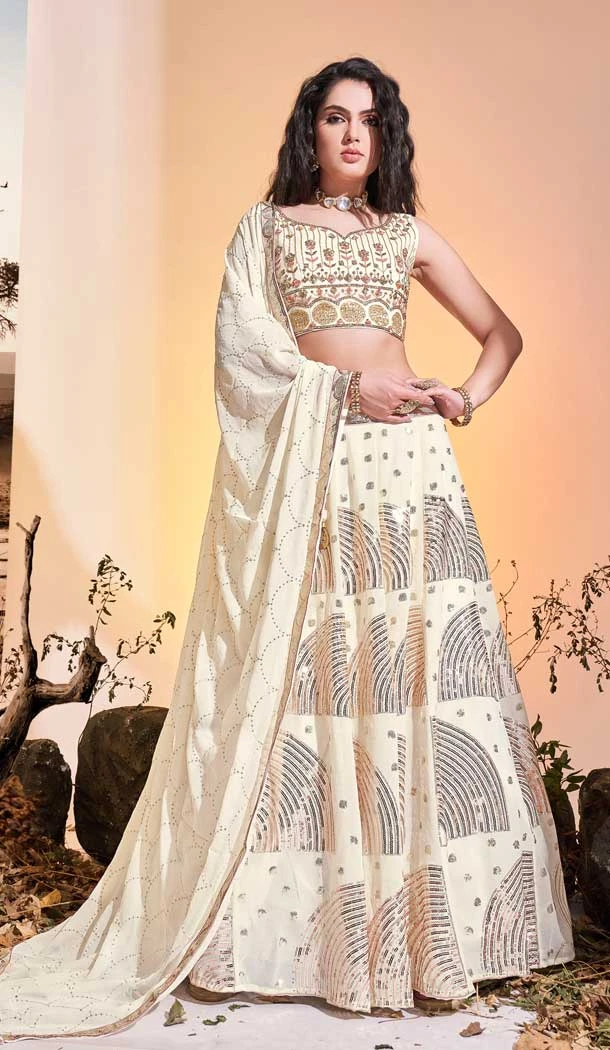 Georgette Hand Work Designer Wedding Wear Readymade Lehenga Choli in Cream -6565170594