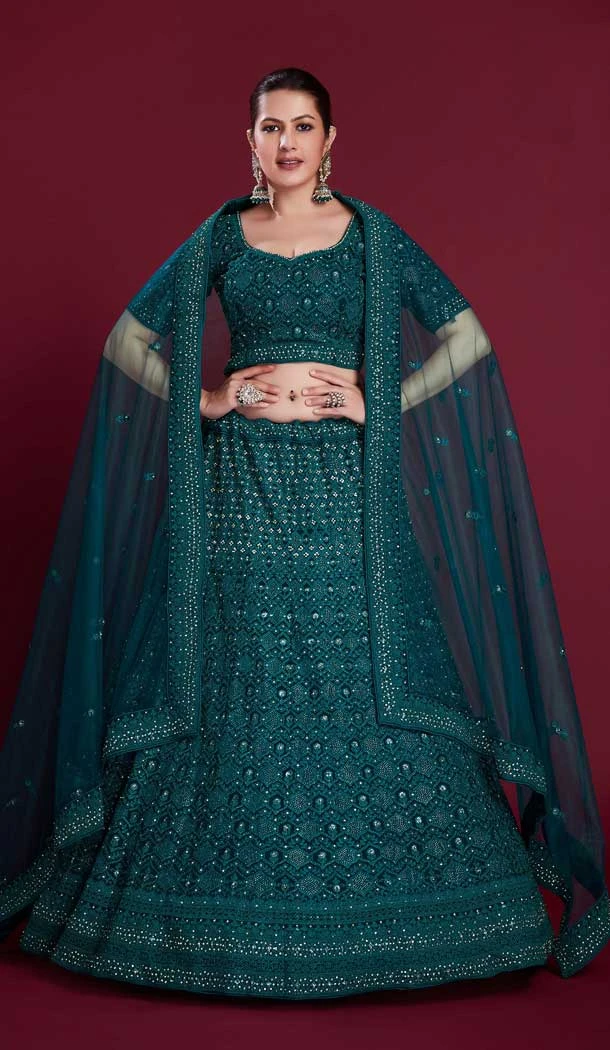 Georgette Thread Work Designer Wedding Wear Women Lehenga Choli In Rama Green -6567170599