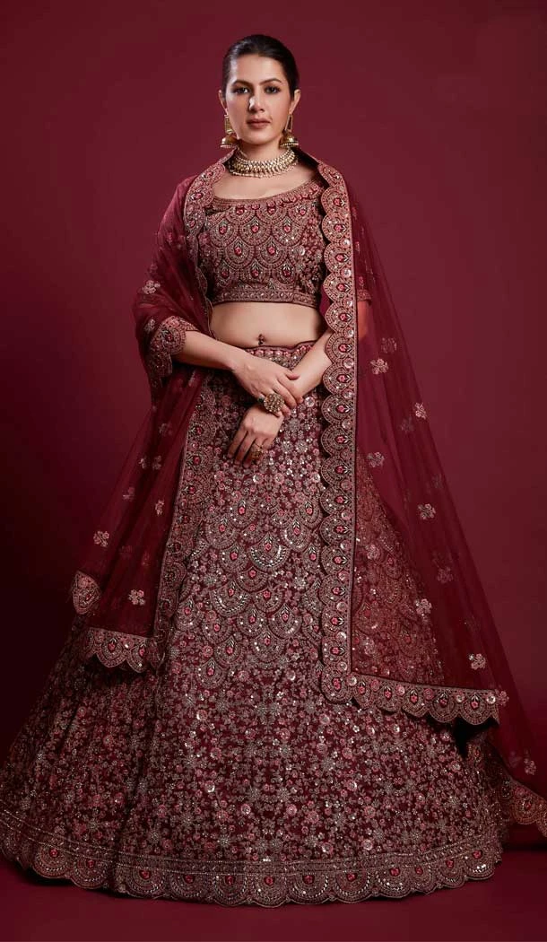 Soft Net Thread Work Designer Wedding Wear Women Lehenga Choli In Burgundy -6567170603
