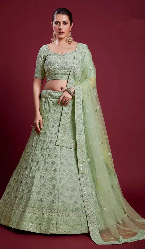 Georgette Swarovski Work Designer Wedding Wear Women Lehenga Choli In Pista Green -6567170606