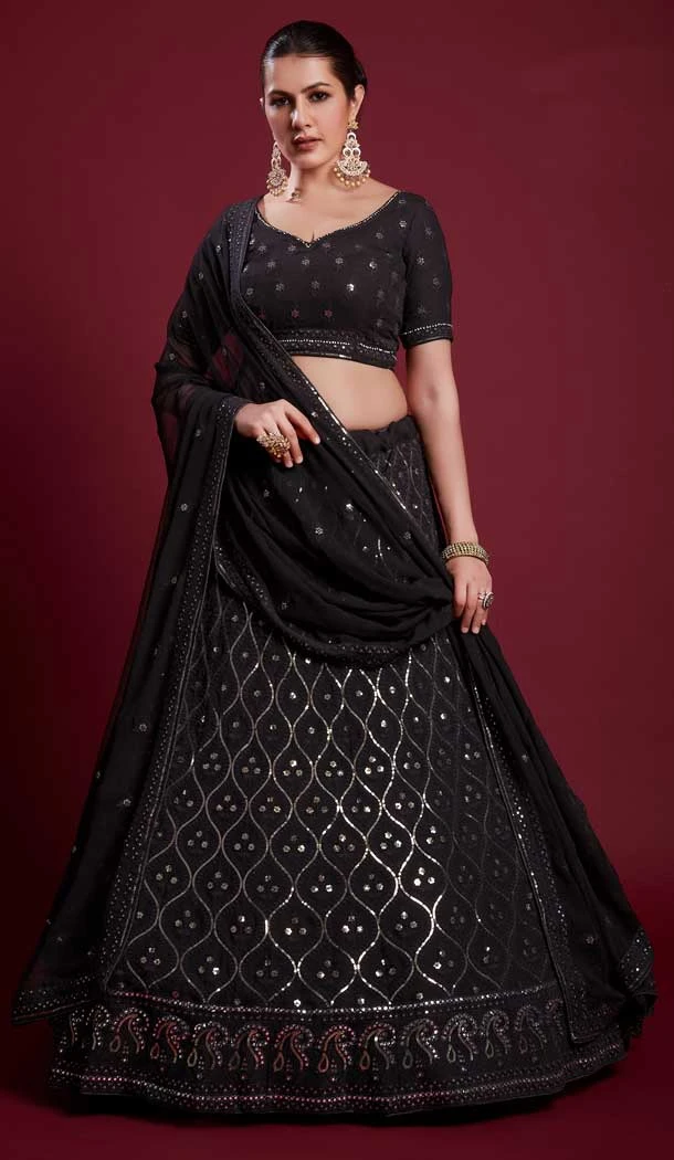 Georgette Thread Work Designer Wedding Wear Women Lehenga Choli In Black -6567170607