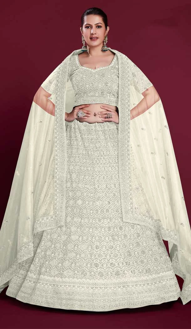 Georgette Thread Work Designer Wedding Wear Women Lehenga Choli In White -6567170608