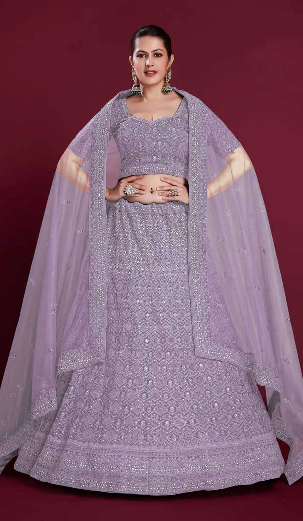 Georgette Thread Work Designer Wedding Wear Women Lehenga Choli In Levender -6567170609