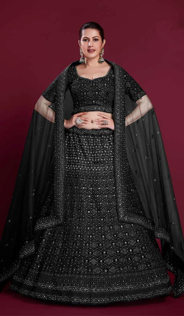 Georgette Zarkan Work Designer Wedding Wear Women Lehenga Choli In Black -6567170610