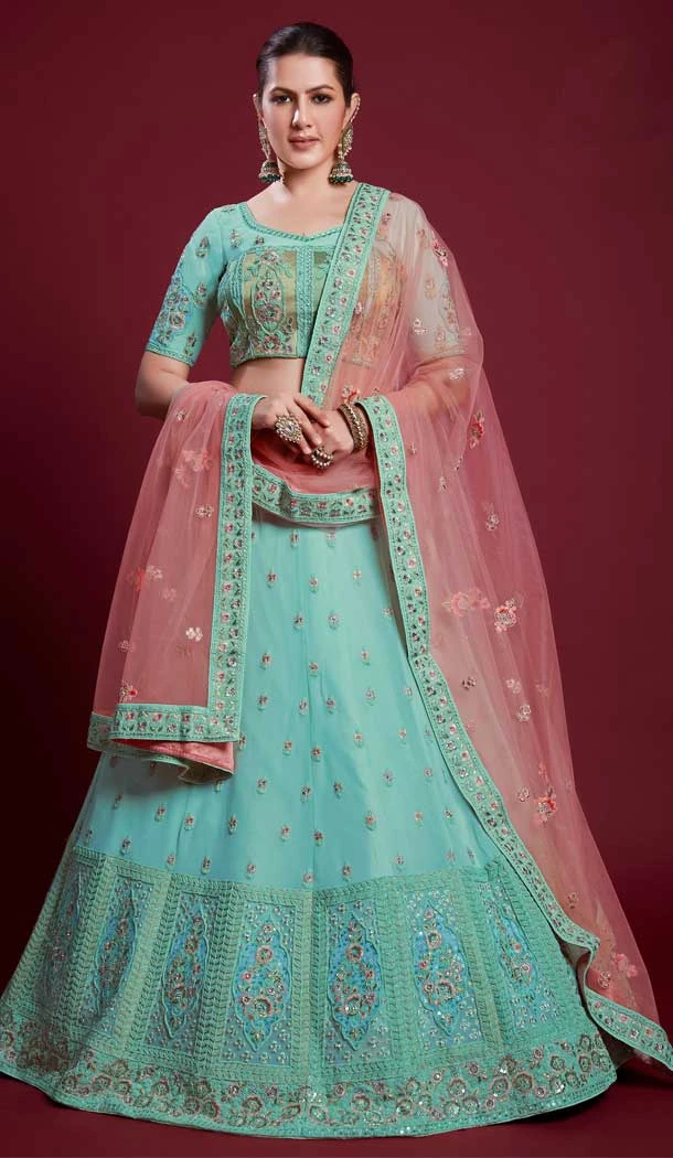 Georgette Sequence Work Designer Wedding Wear Women Lehenga Choli In Turquoise -6567170611