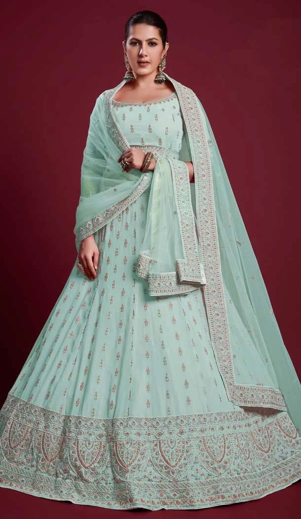 Georgette Zarkan Work Designer Wedding Wear Women Lehenga Choli In Turquoise -6567170615