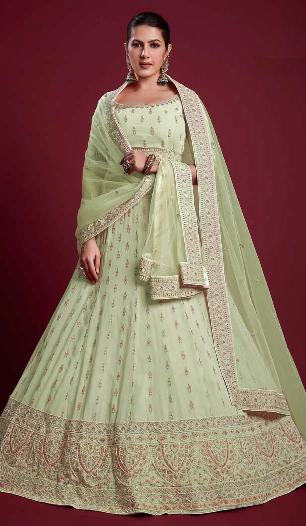 Georgette Zarkan Work Designer Wedding Wear Women Lehenga Choli In Pista Green -6567170616