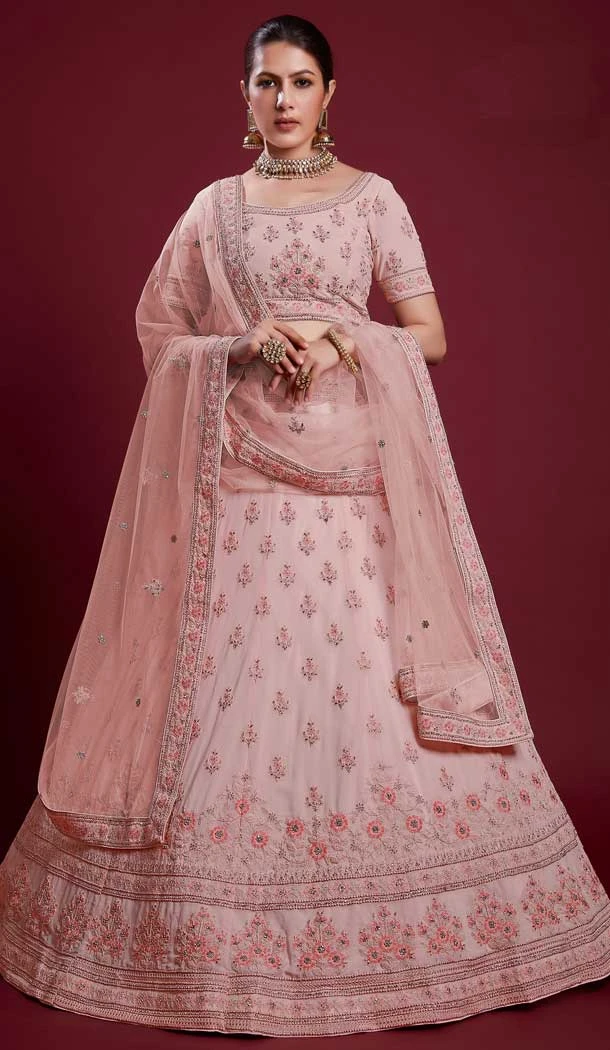 Georgette Thread Work Designer Wedding Wear Women Lehenga Choli In Peach -6567170617