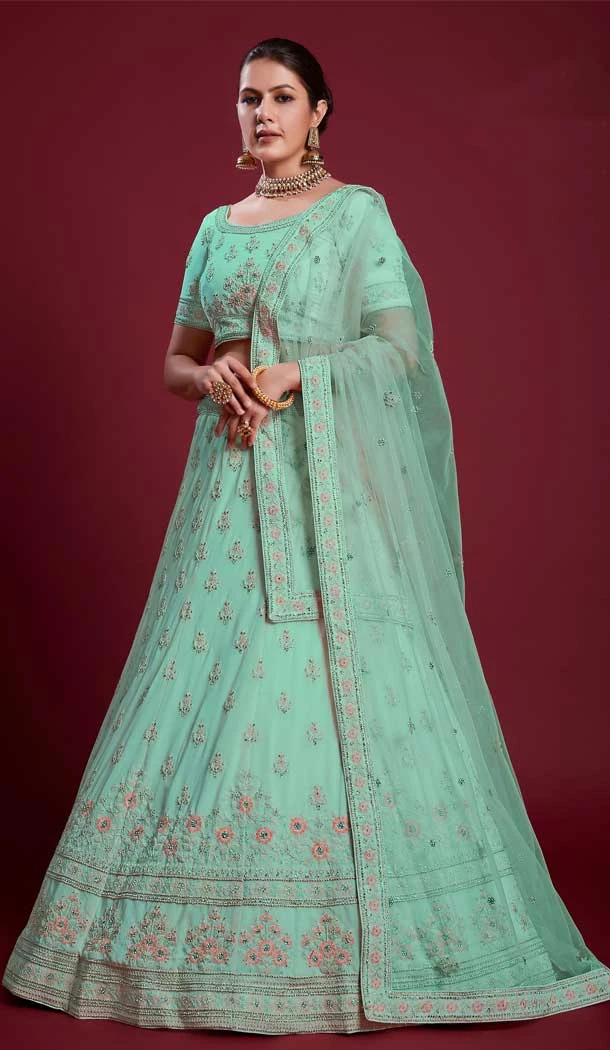 Georgette Dori Work Designer Wedding Wear Women Lehenga Choli In Turquoise -6567170619