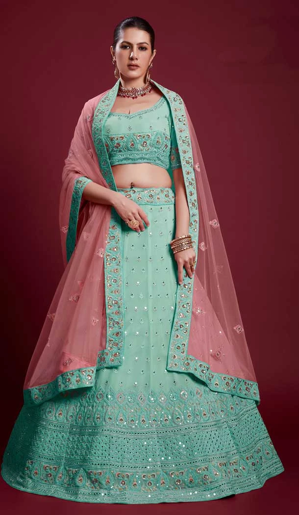 Georgette Mirror Work Designer Wedding Wear Women Lehenga Choli In Turquoise -6567170622