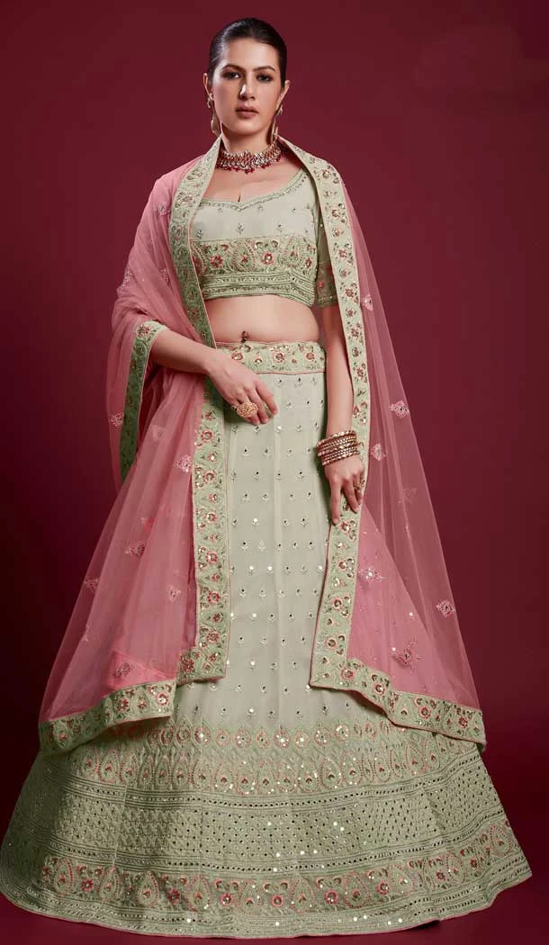 Georgette Mirror Work Designer Wedding Wear Women Lehenga Choli In Pista Green -6567170623