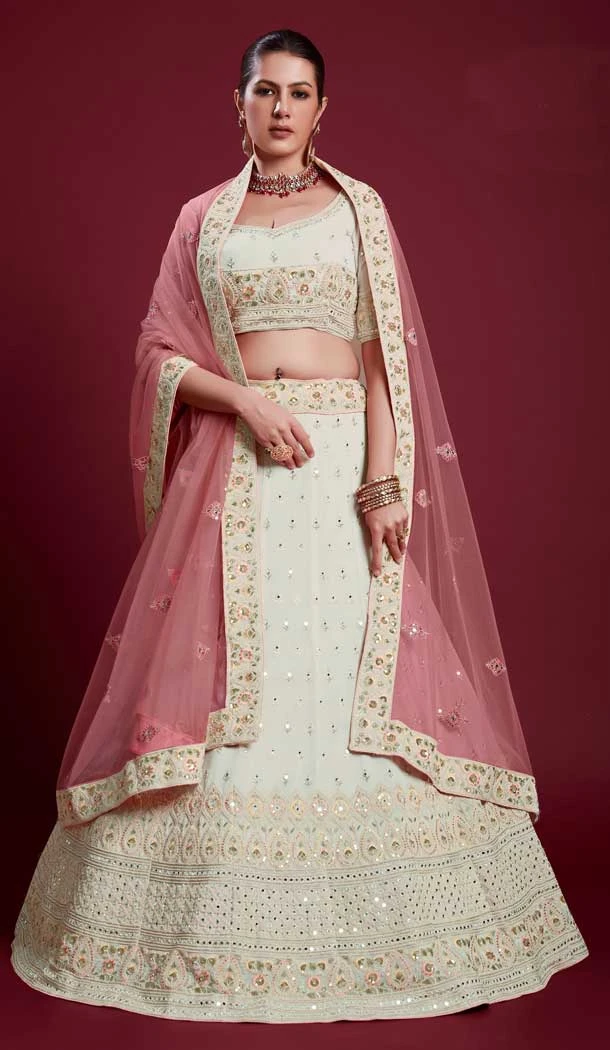 Georgette Mirror Work Designer Wedding Wear Women Lehenga Choli In Off White -6567170624