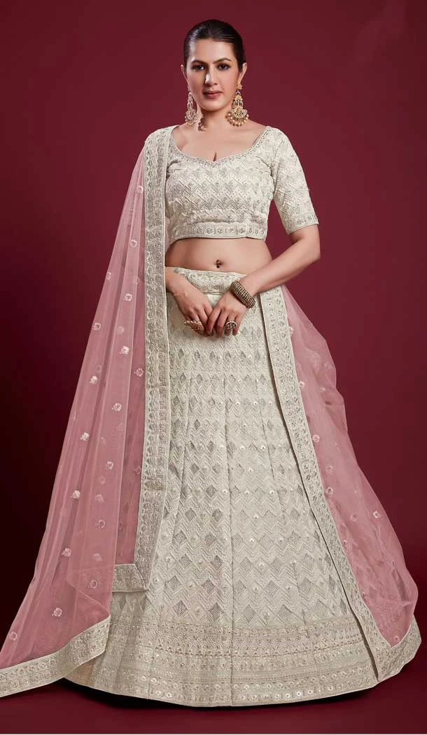 Georgette Swarovski Work Designer Wedding Wear Women Lehenga Choli In Off White -6567170626