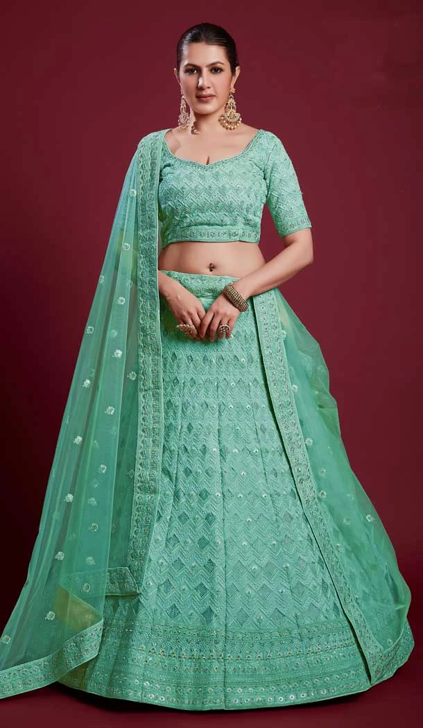 Georgette Swarovski Work Designer Wedding Wear Women Lehenga Choli In Turquoise -6567170628