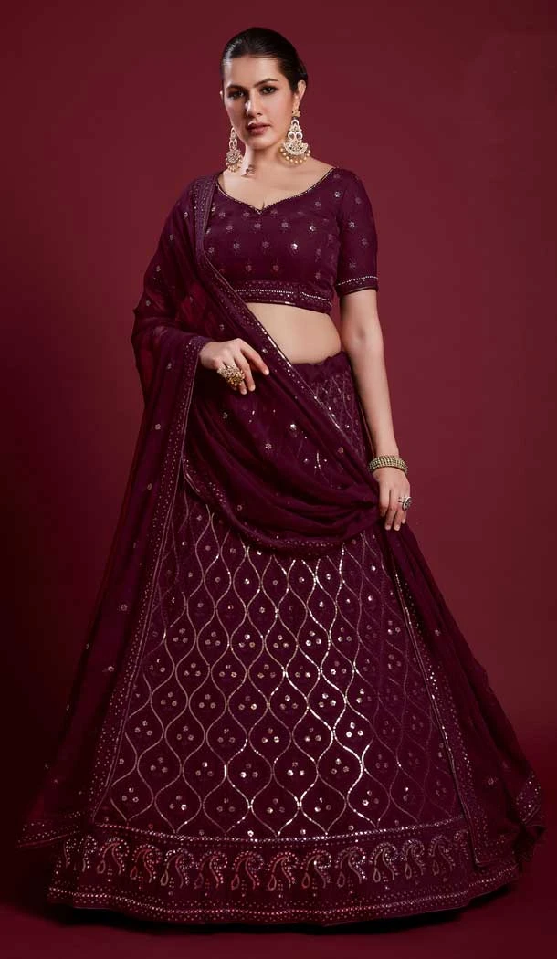 Georgette Gota Work Designer Wedding Wear Women Lehenga Choli In Wine -6567170630