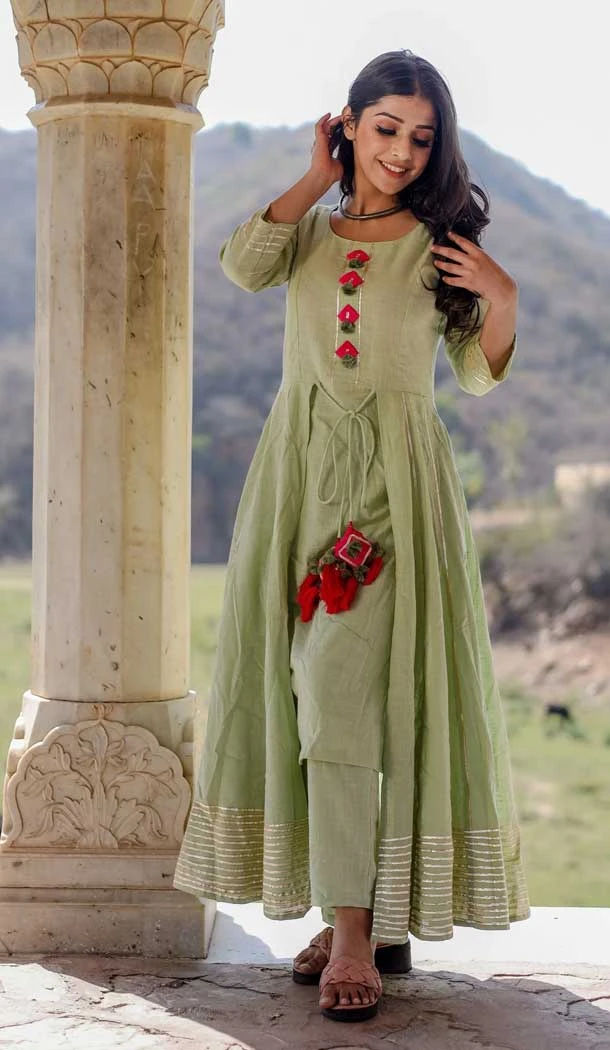 Cotton Plain Work Plus Size Women Readymade Kurti in Pista Green -6609170917