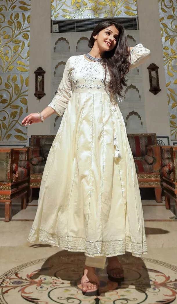 Cotton Mirror Work Plus Size Women Readymade Kurti in Cream -6609170918