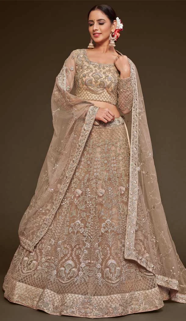Embroidery Soft Net Designer Sangeet Ceremony Lehenga Choli in Beige -6616170956