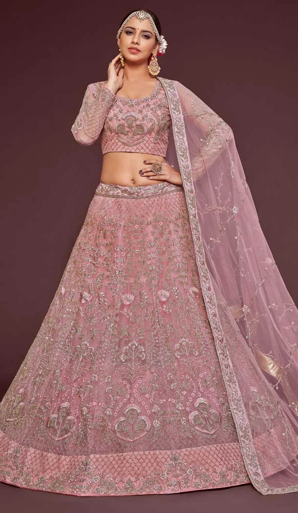 Embroidery Soft Net Designer Sangeet Ceremony Lehenga Choli in Pearl Pink -6616170957