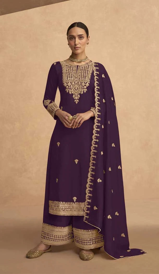 Embroidery Georgette Pakistani Style Plus Size Palazzo Salwar Suit in Purple -6647171218