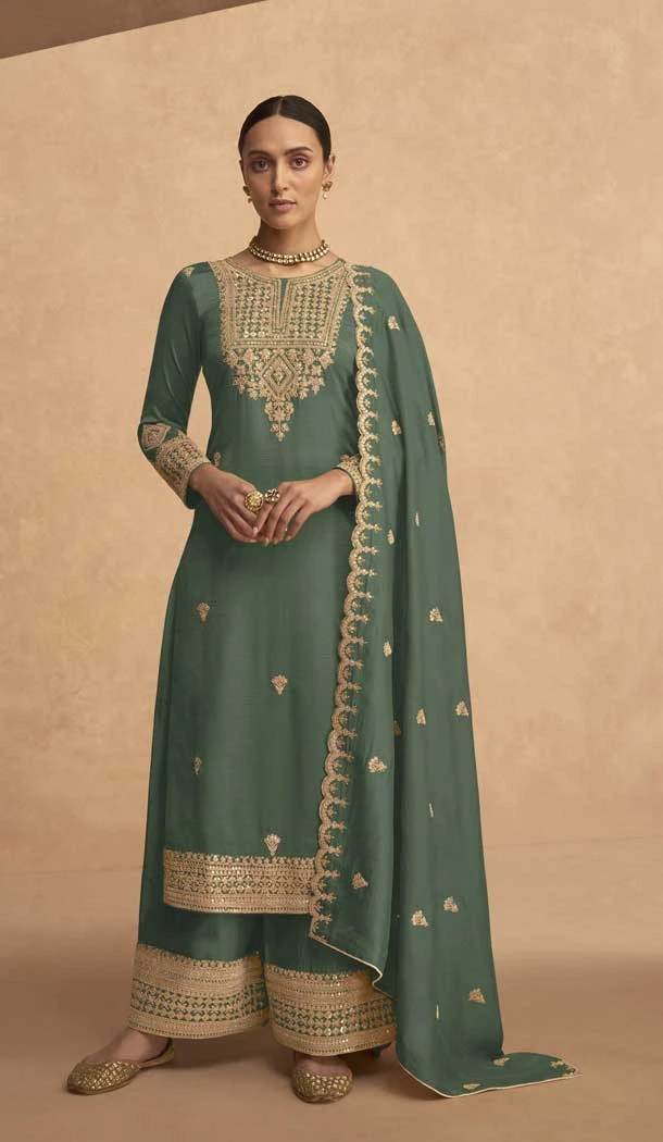 Embroidery Georgette Pakistani Style Plus Size Palazzo Salwar Suit in Green -6647171219