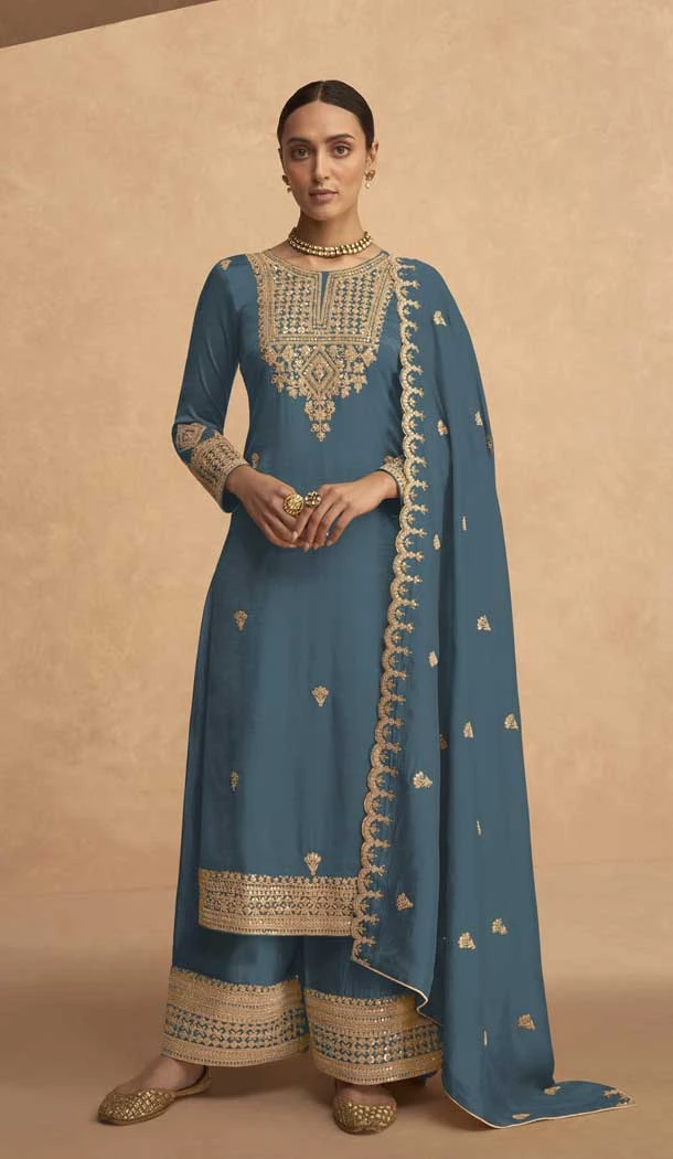 Embroidery Georgette Pakistani Style Plus Size Palazzo Salwar Suit in Sky Blue -6647171220