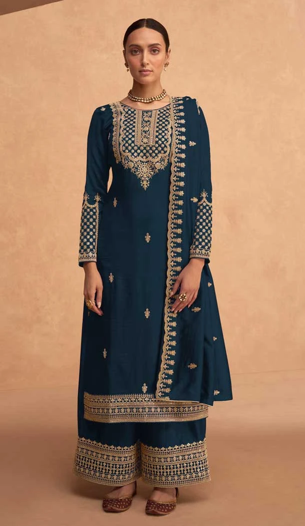 Embroidery Georgette Pakistani Style Plus Size Palazzo Salwar Suit in Aqua Blue -6647171223