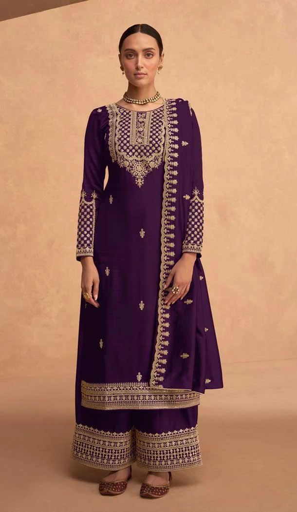 Embroidery Georgette Pakistani Style Plus Size Palazzo Salwar Suit in Purple -6647171224