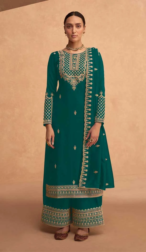 Embroidery Georgette Pakistani Style Plus Size Palazzo Salwar Suit in Rama Green -6647171225
