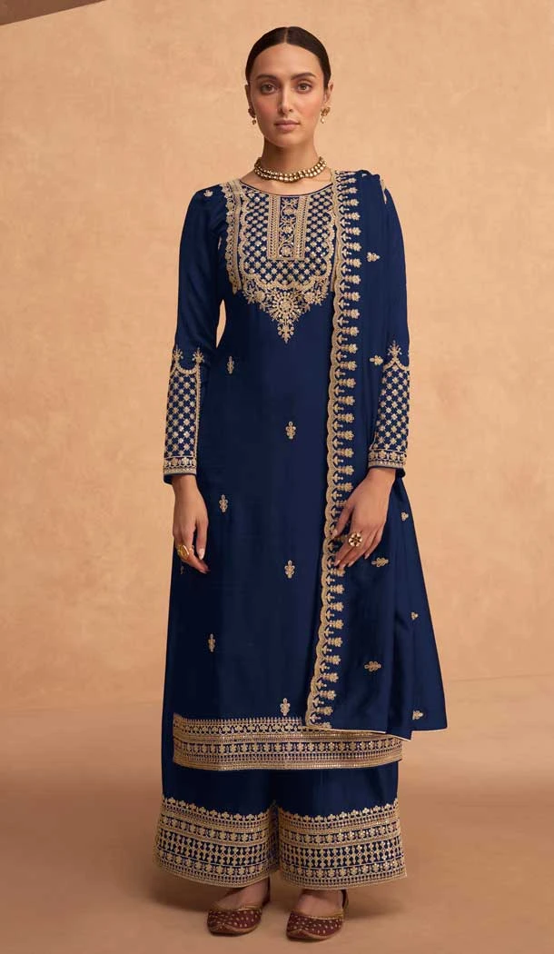 Embroidery Georgette Pakistani Style Plus Size Palazzo Salwar Suit in Blue -6647171226