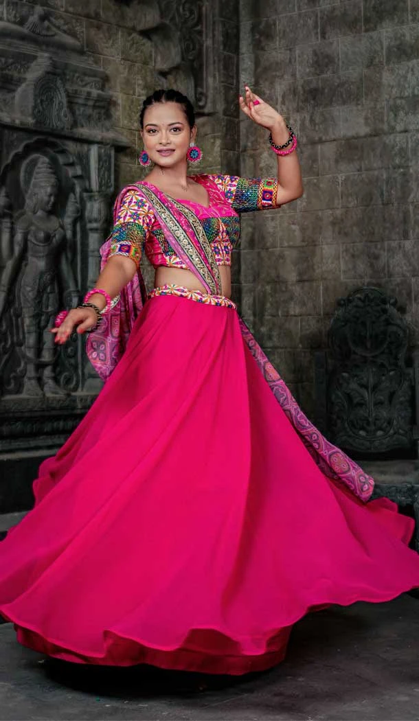 Women Georgette Embroidery Thread Work Navratri Chaniya Choli in Pink -7229174987