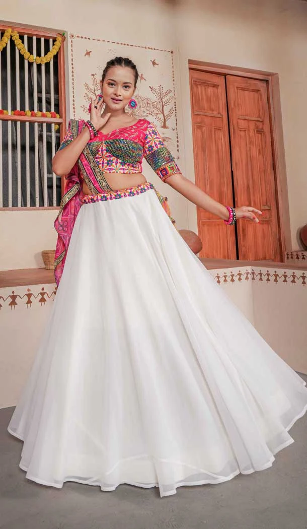 Women Georgette Embroidery Thread Work Navratri Chaniya Choli in White -7229174988