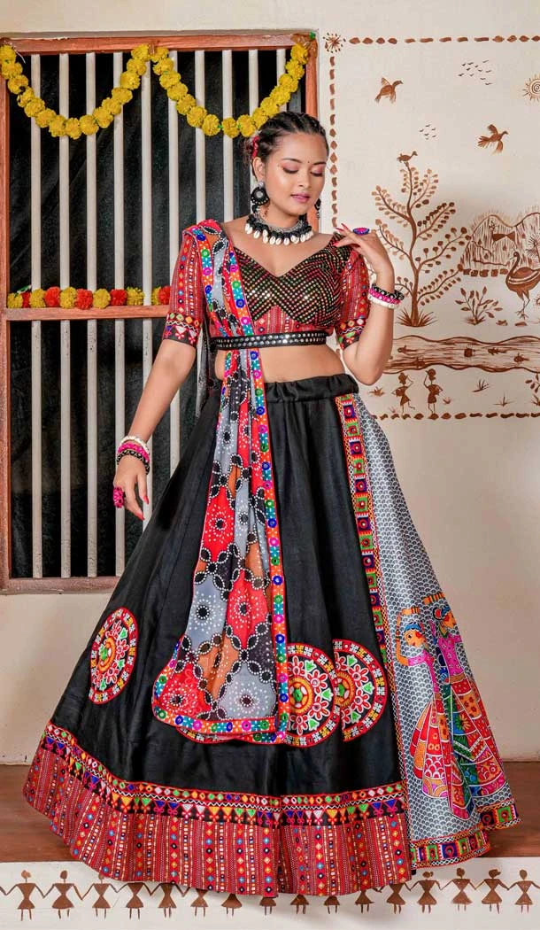 Women Georgette Kutchi Mirror Work Black Navratri Chaniya Choli -7229174989